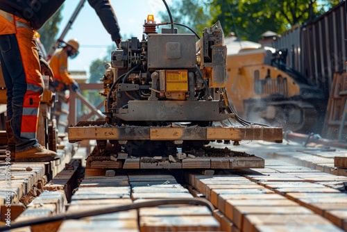 A brick laying robot in action on a sunny day , Road construction scene featuring various equipment, highlighting the efforts in building and maintaining roadways.