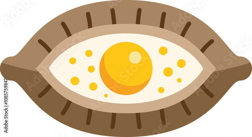 Illustration of a traditional adjarian khachapuri, a savory georgian dish, featuring a boat shaped bread filled with cheese and topped with an egg yolk