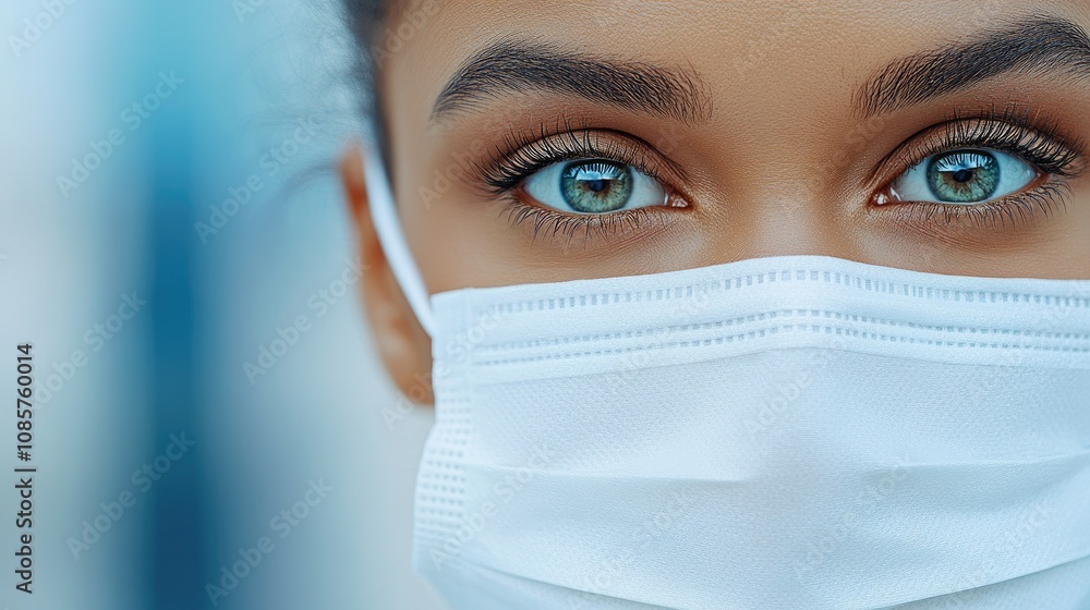 Urban close-up portrait of a young black woman in a medical mask highlighting her radiant skin and beauty amidst the city backdrop Urban close-up portrait of a young black woman in a medical mask highlighting her radiant skin and beauty amidst the city backdrop