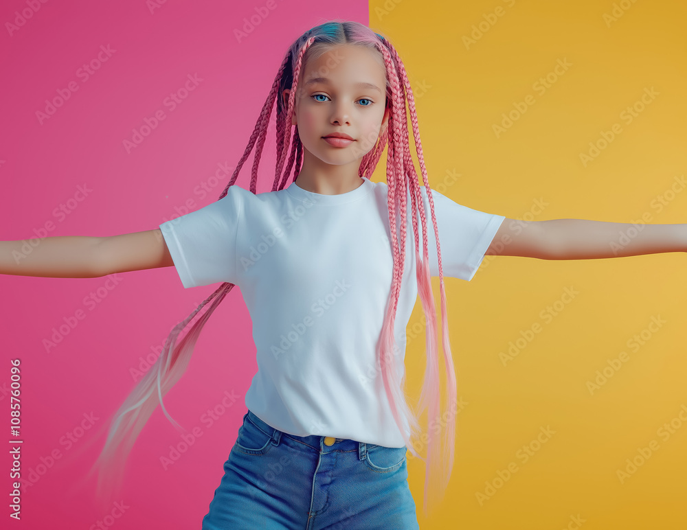 dynamic portrait of a young girl with flowing pink braids on a vivid yellow background, showcasing youth and energy dynamic portrait of a young girl with flowing pink braids on a vivid yellow background, showcasing youth and energy