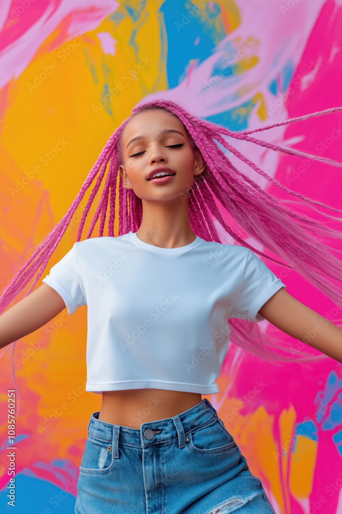 Fototapeta premium energetic young girl with pink braids in front of an artistic swirling background, vibrant and joyful expression