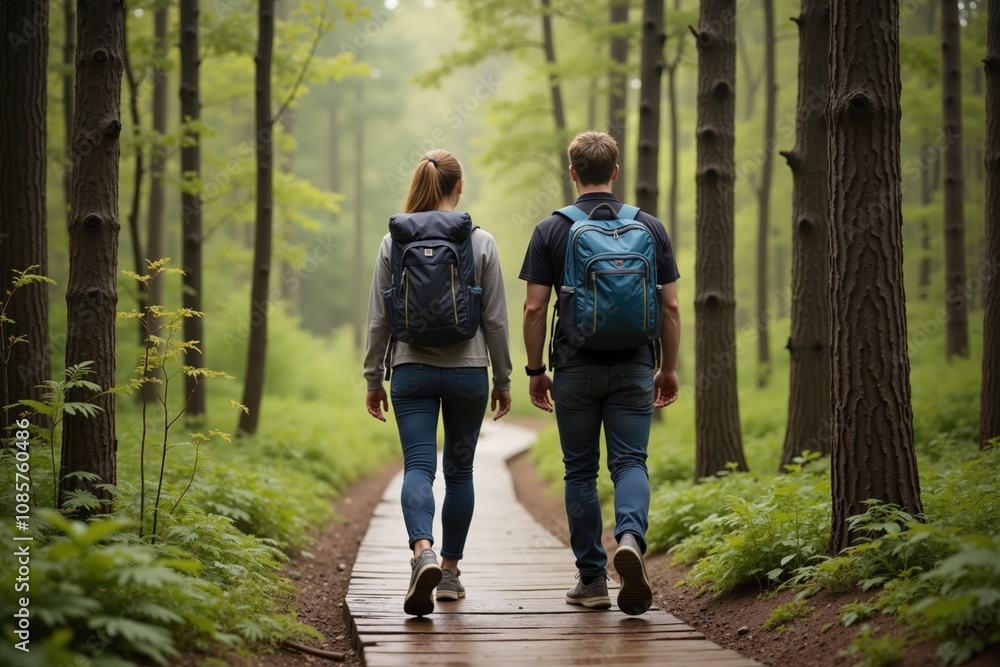 Couple hiking on forest path in summer, embracing nature and adventure together. Couple hiking on forest path in summer, embracing nature and adventure together.