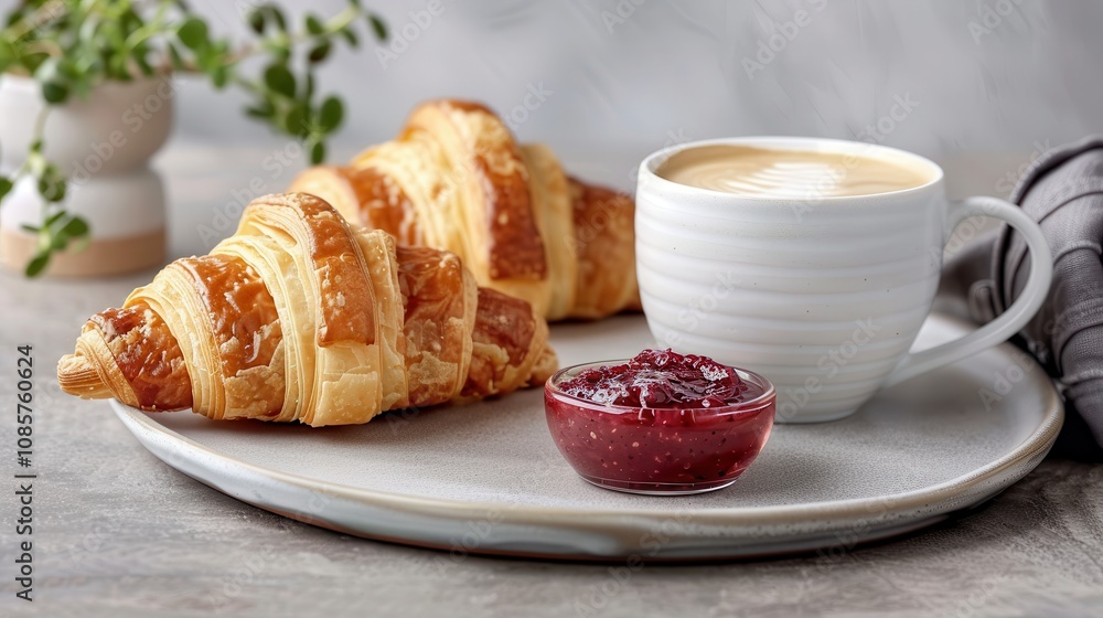 aroma of brewed coffee and bakery. A delicious croissant served with jam and coffee on a stylish plate, perfect for a cozy breakfast or brunch. aroma of brewed coffee and bakery. A delicious croissant served with jam and coffee on a stylish plate, perfect for a cozy breakfast or brunch.