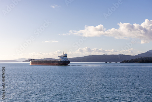 Cargo Ship Sailing Through Gulf Islands, BC, Canada