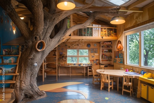 Creative learning space for kids cozy treehouse room play area design nature-inspired environment bright perspective
