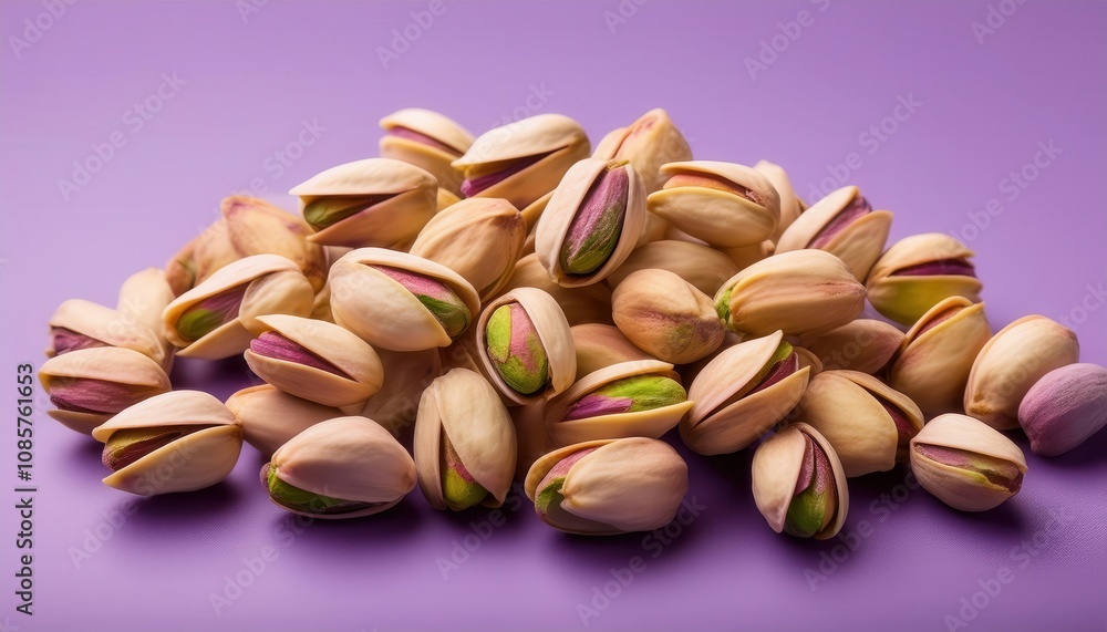 Vibrant Pistachios on Purple Backdrop. Aesthetic Display of Nutty Delights, Showcasing Their Natural Green and Pink Hues Perfect for Healthy Snack Branding, Food Photography, and Culinary Concepts Vibrant Pistachios on Purple Backdrop. Aesthetic Display of Nutty Delights, Showcasing Their Natural Green and Pink Hues Perfect for Healthy Snack Branding, Food Photography, and Culinary Concepts