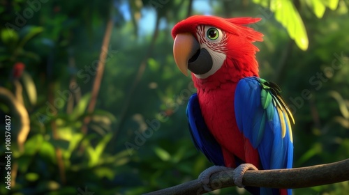 A vibrant parrot perches on a branch in a lush jungle setting, showcasing its vivid plumage, This image can be used for wildlife conservation campaigns, educational materials, or nature-themed art, photo