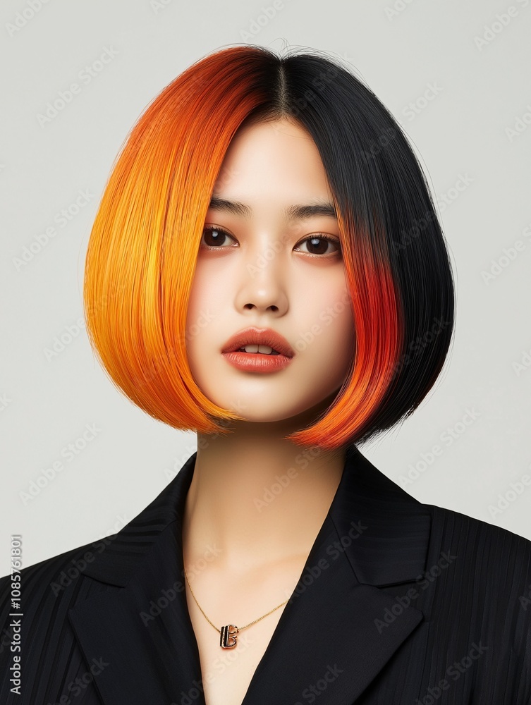 Captivating Portrait of a Young Asian Woman with a Bold Bob Hairstyle Featuring Striking Orange and Black Color Contrast Against a Minimalistic Background Captivating Portrait of a Young Asian Woman with a Bold Bob Hairstyle Featuring Striking Orange and Black Color Contrast Against a Minimalistic Background