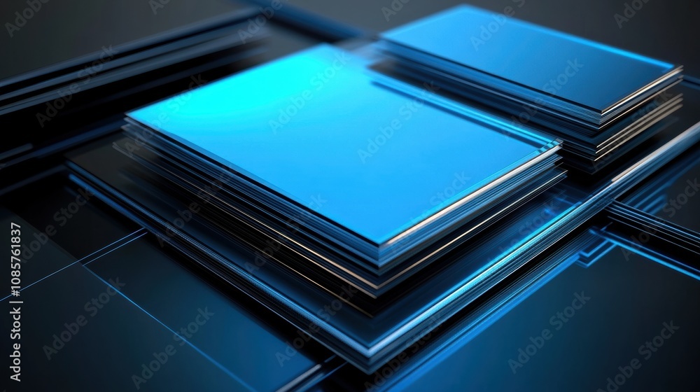 Abstract Design Featuring Stacked Blue Geometric Shapes with Subtle Lighting and Reflections on a Dark Background for Modern Visual Aesthetics Abstract Design Featuring Stacked Blue Geometric Shapes with Subtle Lighting and Reflections on a Dark Background for Modern Visual Aesthetics