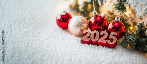 New year number "2025" with Christmas decoration on snow background. New Year concept.