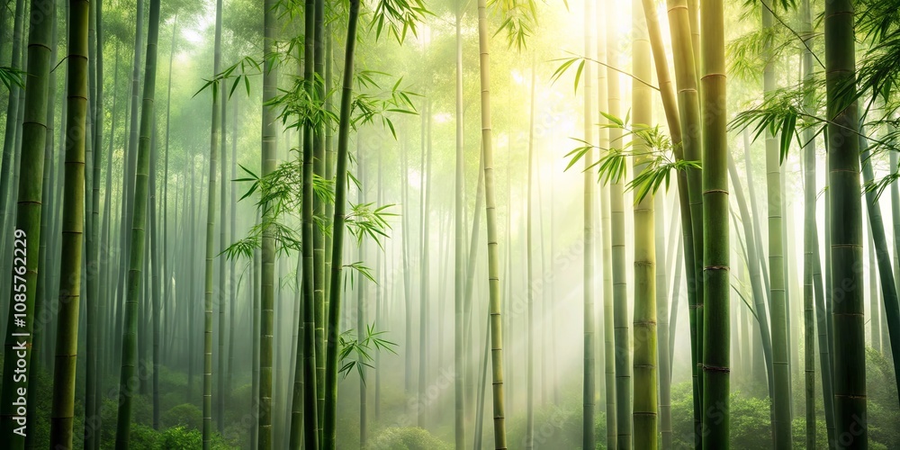 Serene Bamboo Forest bathed in Misty Sunlight, Tall Stalks and Lush Greenery Serene Bamboo Forest bathed in Misty Sunlight, Tall Stalks and Lush Greenery