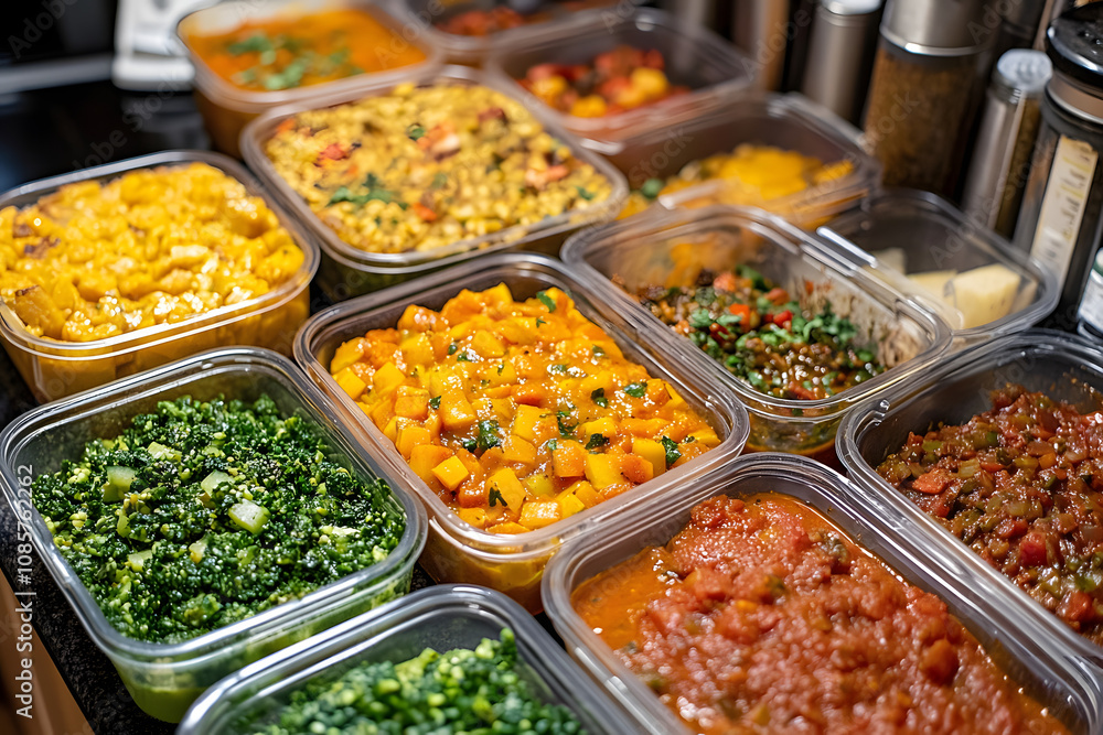 Neatly organized Veganuary meal prep features vibrant vegan dishes in reusable containers. Perfect for a healthy, plant-based lifestyle and weekly meal planning. Neatly organized Veganuary meal prep features vibrant vegan dishes in reusable containers. Perfect for a healthy, plant-based lifestyle and weekly meal planning.