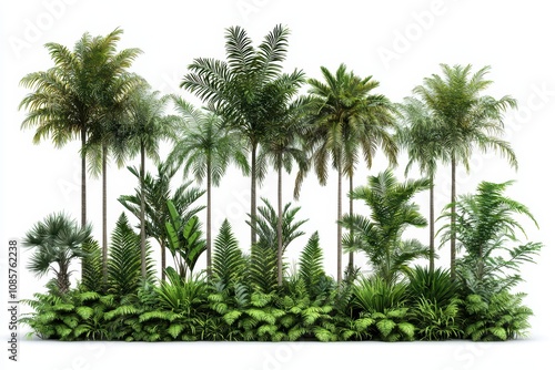 Lush tropical plants and palm trees in a vibrant green setting. photo