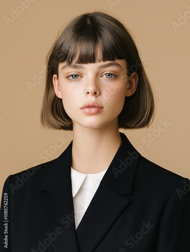 Chic Portrait of a Model with a Bob Haircut and Curtain Bangs Against a Soft Neutral Background, Showcasing Modern Fashion and Timeless Elegance