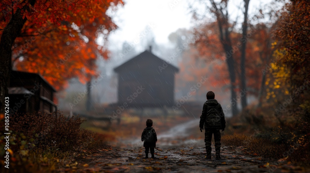 Two children stand at the edge of a misty path surrounded by vibrant autumn leaves, gazing towards a distant house, This image is ideal for themes of adventure, childhood, and nature, Two children stand at the edge of a misty path surrounded by vibrant autumn leaves, gazing towards a distant house, This image is ideal for themes of adventure, childhood, and nature,