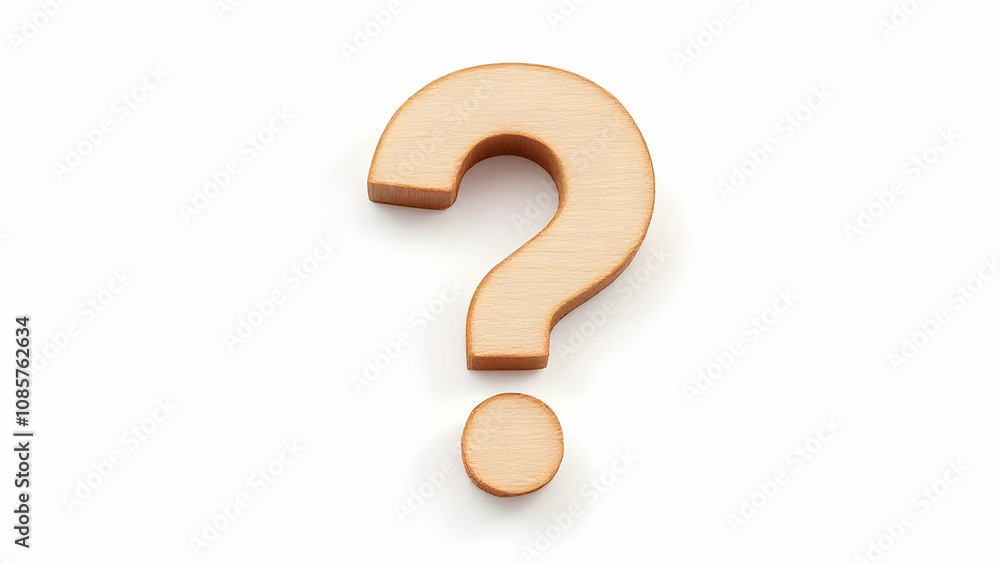 A light brown wooden question mark and a small wooden dot are displayed against a white background. The question mark is crafted from wood, showcasing its natural grain. The image is simple yet effect A light brown wooden question mark and a small wooden dot are displayed against a white background. The question mark is crafted from wood, showcasing its natural grain. The image is simple yet effect
