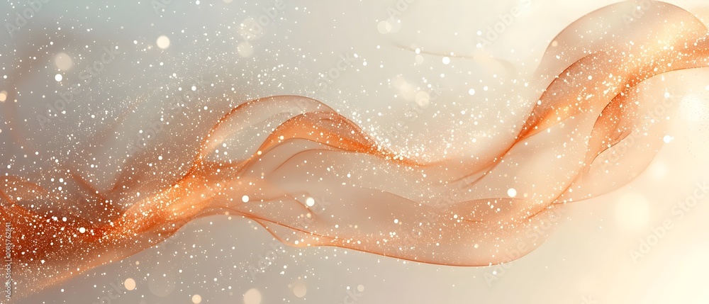 Fototapeta premium A delicate, flowing silk ribbon-like abstraction in warm hues of orange and gold, enhanced by shimmering particles and soft bokeh, creating an ethereal and dreamy atmosphere.