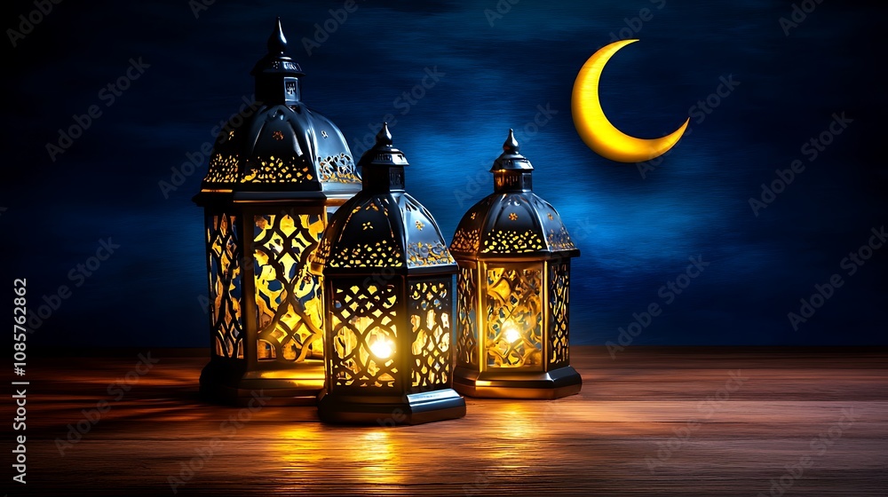 Fototapeta premium Illuminated Ramadan Lanterns Under Crescent Moon
