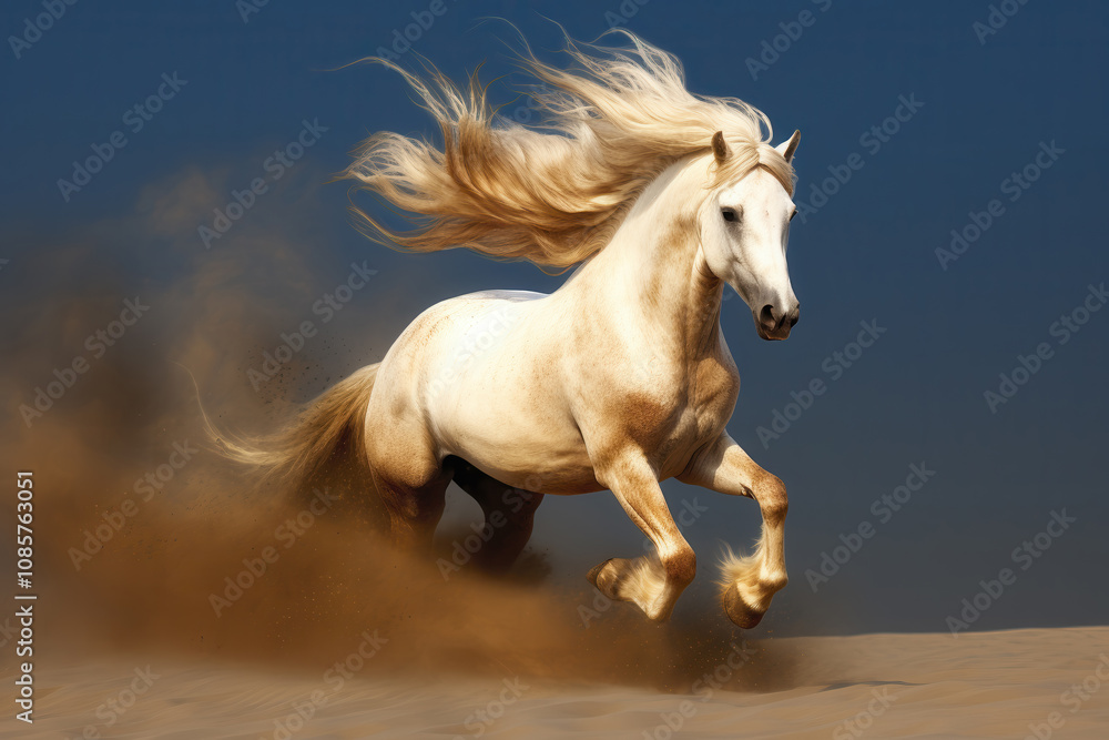 Obraz premium White horse with flamboyant mane galloping in sand, AI generated