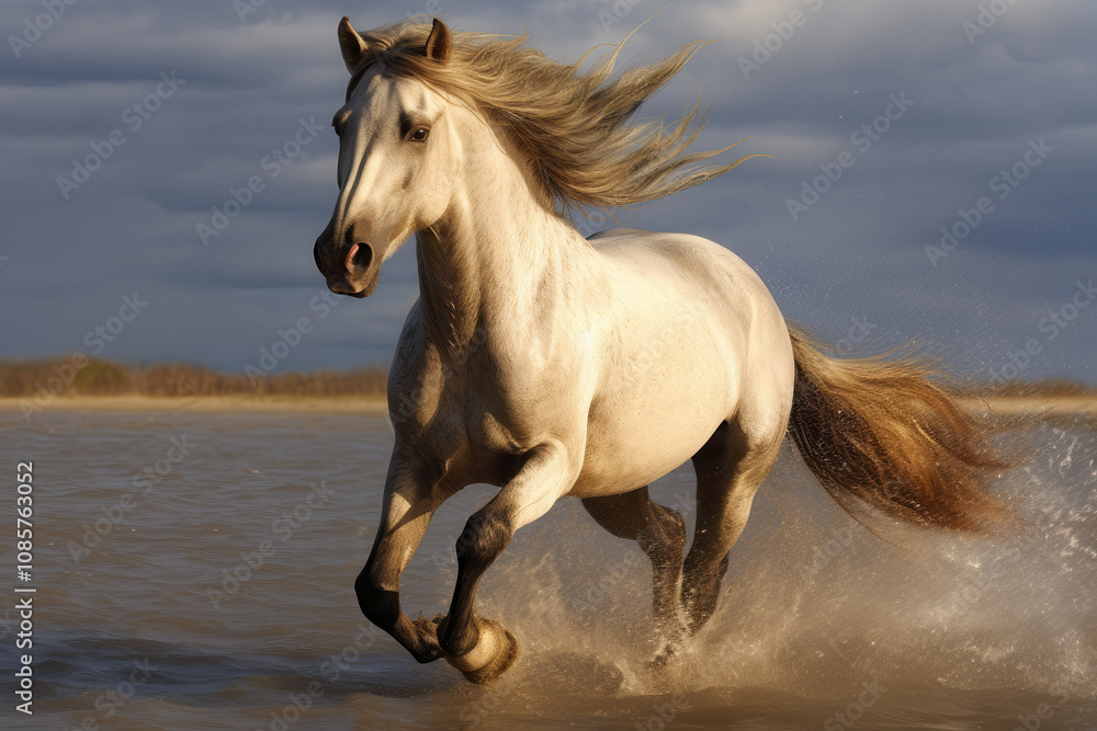 White horse galloping in water, AI generated White horse galloping in water, AI generated