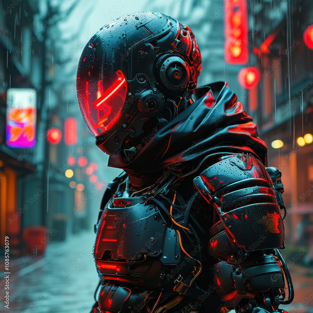 a cyborg ninja samurai with a red neon katana black cybernetic armour and hood standing in the rain, neon Tokyo, futuristic koi holograms, ancient Japanese dojo pagoda buildings, Chinese lanterns a cyborg ninja samurai with a red neon katana black cybernetic armour and hood standing in the rain, neon Tokyo, futuristic koi holograms, ancient Japanese dojo pagoda buildings, Chinese lanterns