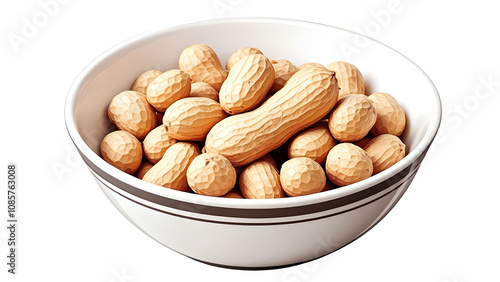 A white bowl with brown stripes contains many roasted peanuts in their shells. The peanuts are light brown and appear dryroasted. A simple, appealing snack. photo