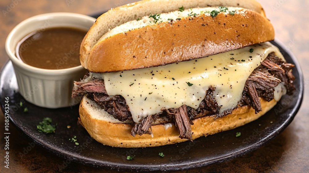 Gourmet Beef Sandwich with Melted Cheese and Savory Gravy Served on a Fresh Bun with Fresh Parsley Garnish on an Elegant Plate Gourmet Beef Sandwich with Melted Cheese and Savory Gravy Served on a Fresh Bun with Fresh Parsley Garnish on an Elegant Plate