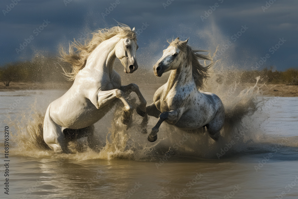 Two white horse stallions with flamboyant mane flighting in the water, AI generated Two white horse stallions with flamboyant mane flighting in the water, AI generated