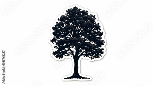 A dark silhouette of a single tree, isolated on a white background. The image has a stickerlike appearance with a slightly raised edge. photo