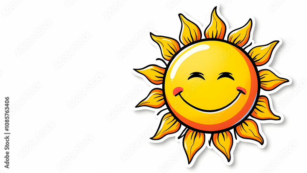 A cheerful cartoon sun with a wide smile and rosy cheeks. Bright yellow, orange, and black outlines. White background. A cheerful cartoon sun with a wide smile and rosy cheeks. Bright yellow, orange, and black outlines. White background.