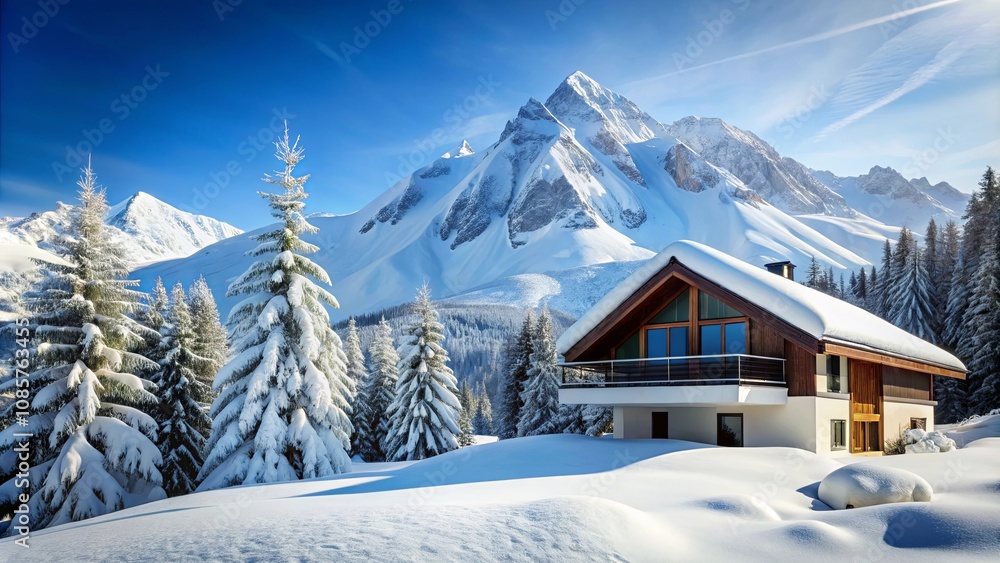 A Stunning Alpine Chalet Nestled Amongst Snow-Covered Evergreens and Majestic Mountains on a Sunny Winter Day A Stunning Alpine Chalet Nestled Amongst Snow-Covered Evergreens and Majestic Mountains on a Sunny Winter Day