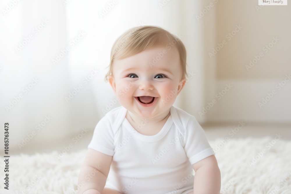 Baby joyfully laughing during peek-a-boo game in bright, minimalist room on soft rug Baby joyfully laughing during peek-a-boo game in bright, minimalist room on soft rug
