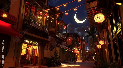 Wallpaper Mural Night Street Scene With Asian Architecture And Lanterns Torontodigital.ca