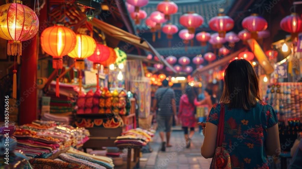 Explore a vibrant market with red lanterns and colorful textiles, a perfect blend of culture and tradition. Explore a vibrant market with red lanterns and colorful textiles, a perfect blend of culture and tradition.