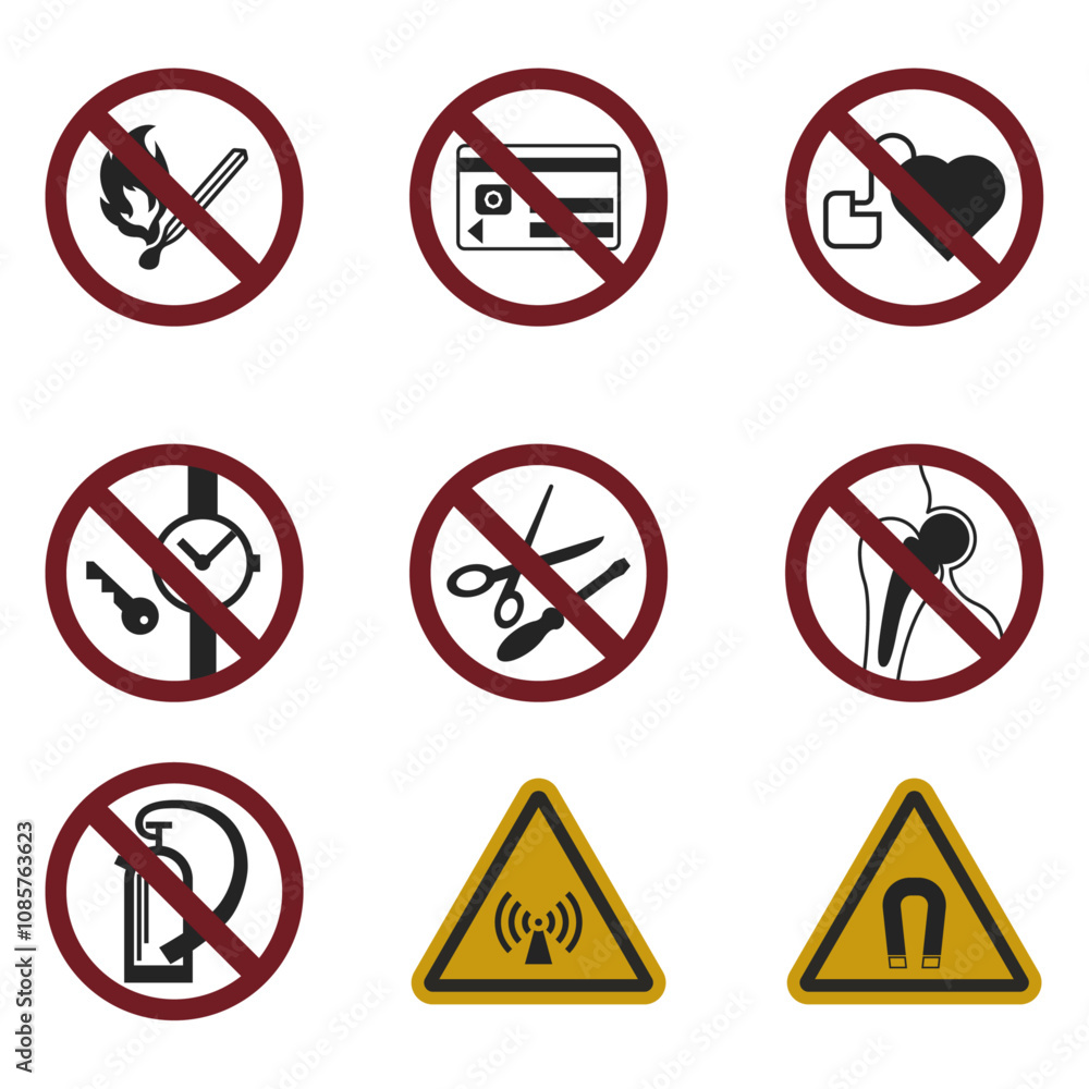 Set of warning signs. Prohibition symbol modern, simple, vector, icon for website design, mobile app, ui. Vector Illustration Set of warning signs. Prohibition symbol modern, simple, vector, icon for website design, mobile app, ui. Vector Illustration