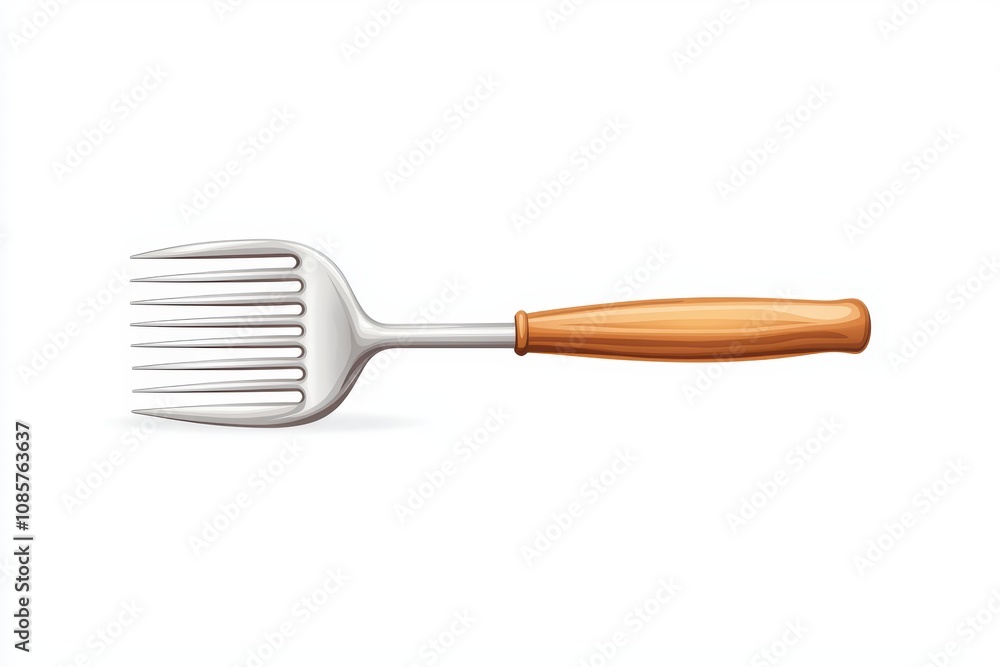 Stainless steel gardening fork with a wooden handle on white backdrop. Stainless steel gardening fork with a wooden handle on white backdrop.
