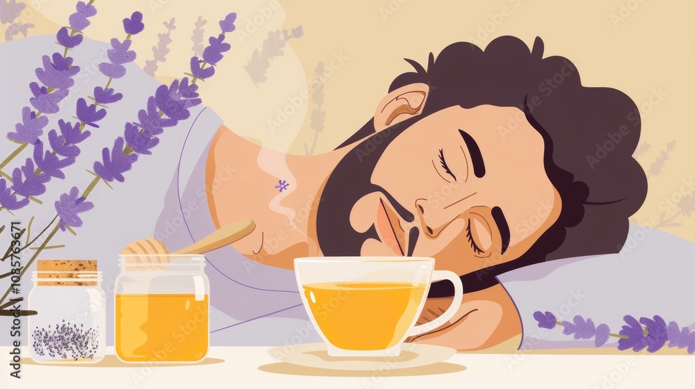 illustration of cup of tea with lavender and honey and a sleeping man in the background , calm and healthy concept, copy space illustration of cup of tea with lavender and honey and a sleeping man in the background , calm and healthy concept, copy space