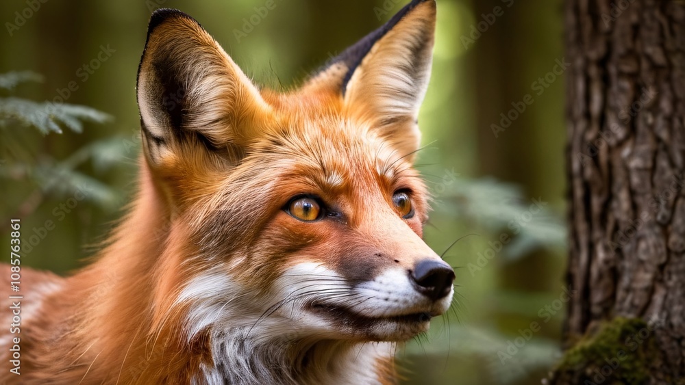 Obraz premium Close-Up of a Curious Red Fox in Woodland Setting