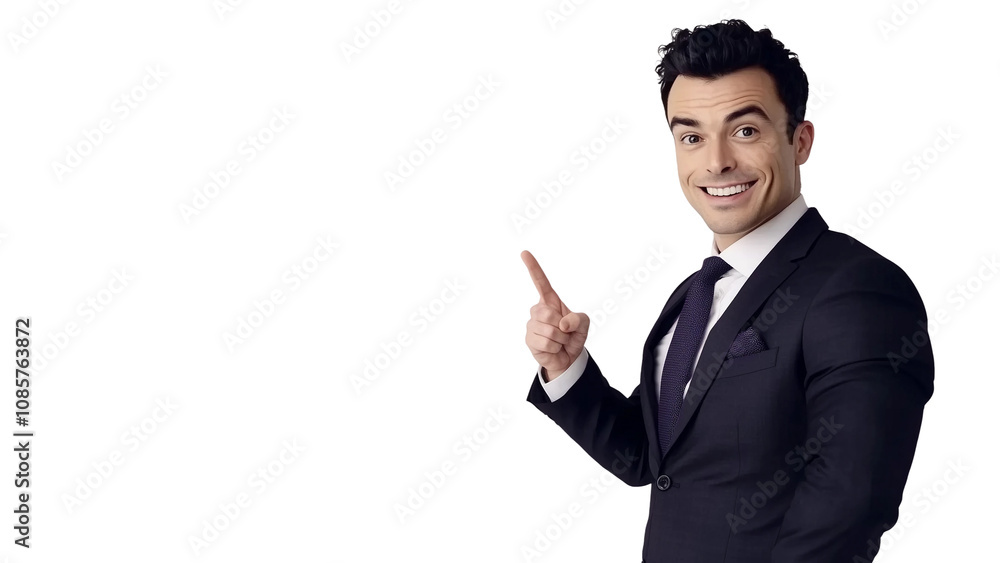 Business man smiling and pointing at copy space on side,white background,copy space,banner. Business man smiling and pointing at copy space on side,white background,copy space,banner.