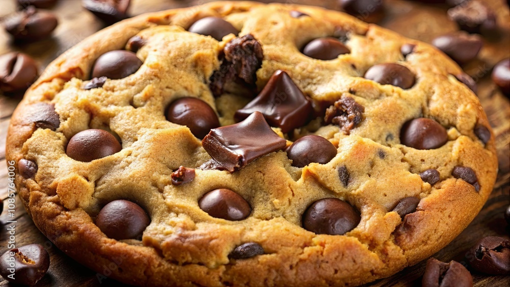 A large, golden-brown cookie studded with chocolate chips and chunks, resting on a rustic wooden surface near coffee beans. A large, golden-brown cookie studded with chocolate chips and chunks, resting on a rustic wooden surface near coffee beans.
