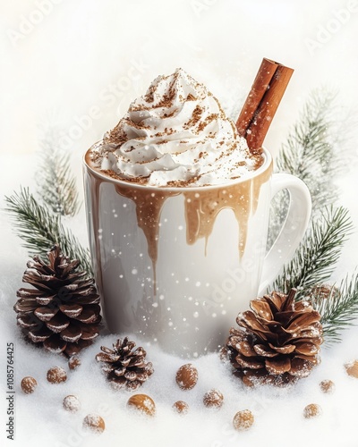 Isolated on white background cozy Christmas artwork featuring a steaming mug of hot cocoa with whipped cream and a cinnamon stick,