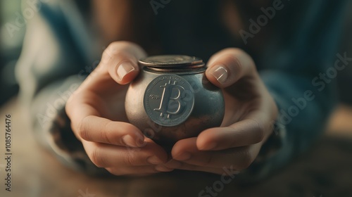 Close-up of Hands Holding a Metallic Bitcoin Savings Jar Symbolizing Cryptocurrency Investment and Financial Planning in a Modern Context