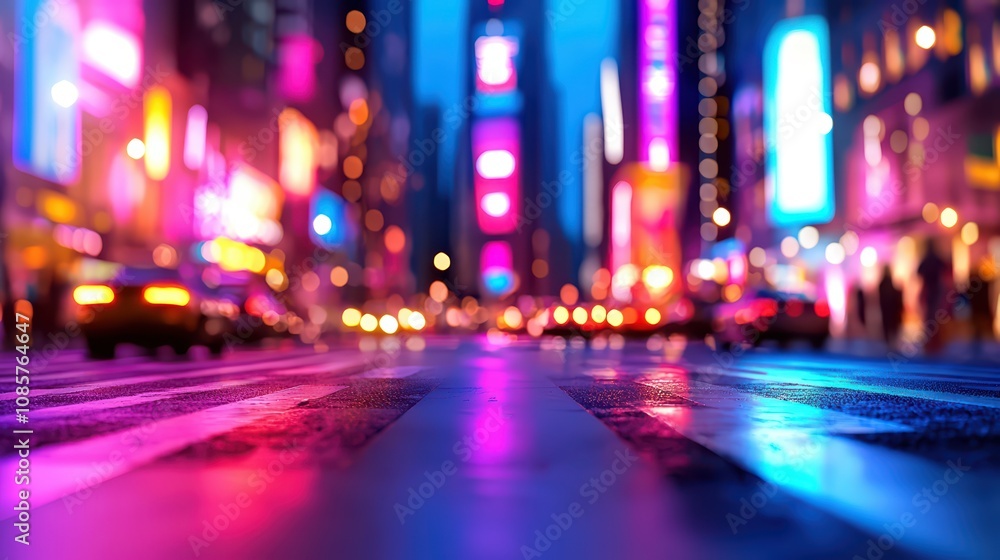 Vibrant city street with neon lights reflecting on wet pavement. Vibrant city street with neon lights reflecting on wet pavement.
