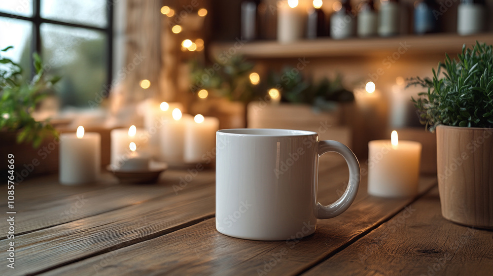 A white mug sits on a wooden table lit by candlelight, creating a cozy and inviting atmosphere. A white mug sits on a wooden table lit by candlelight, creating a cozy and inviting atmosphere.