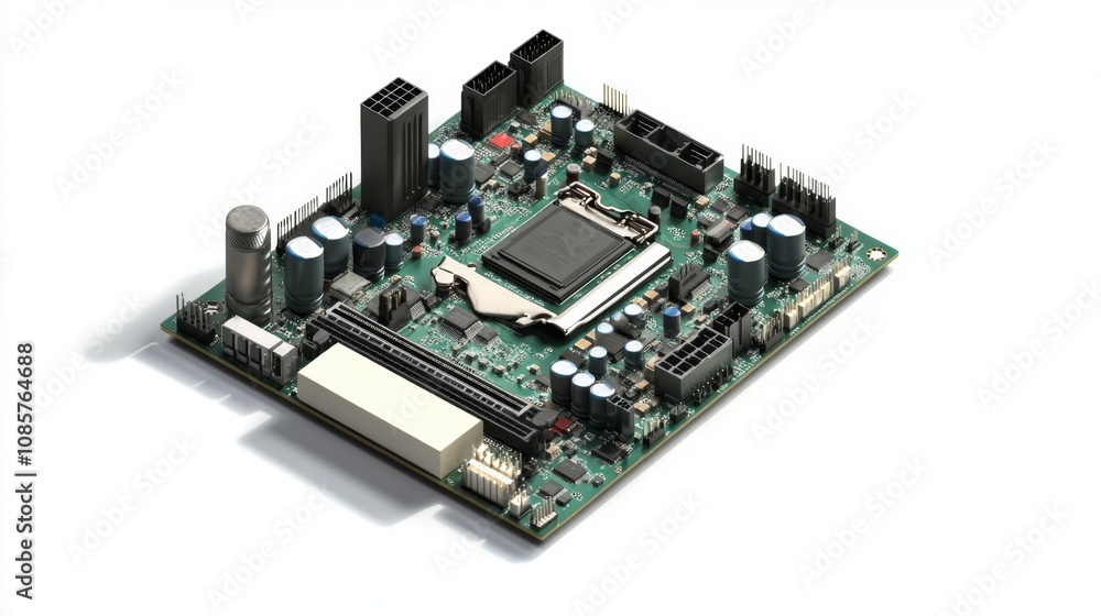 A detailed view of a modern computer motherboard showcasing advanced technology. This image captures the intricate components and design of digital processors. Generative AI A detailed view of a modern computer motherboard showcasing advanced technology. This image captures the intricate components and design of digital processors. Generative AI