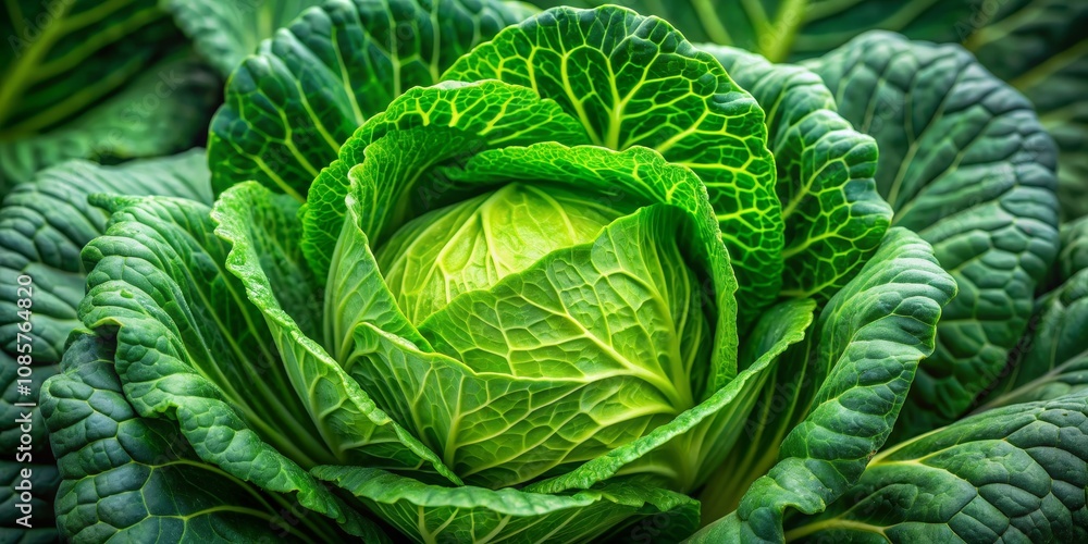 Obraz premium Close-up of a Green Cabbage Head in a Garden, Macro Photography, Green Veins, Cabbage, Vegetables, Produce