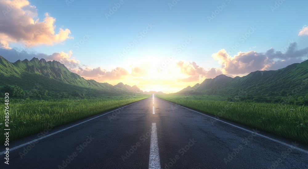 wide road leads into the distance, with green mountains and a blue sky in the background wide road leads into the distance, with green mountains and a blue sky in the background