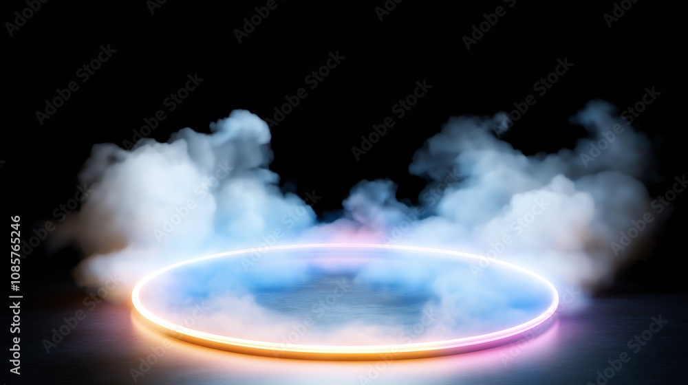 Glowing neon circle emanating light in dark smoky atmosphere Glowing neon circle emanating light in dark smoky atmosphere