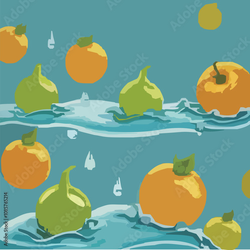 水に浮かんでいるたくさんのレモンとオレンジのベクターイラスト