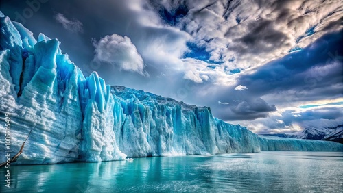 Majestic Glacial Ice Wall Reflecting in Calm Waters Under a Dramatic Sky